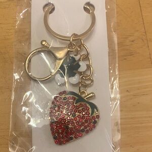 Red & Green Crystal strawberry gold tone bag charm key chain NWT NIP